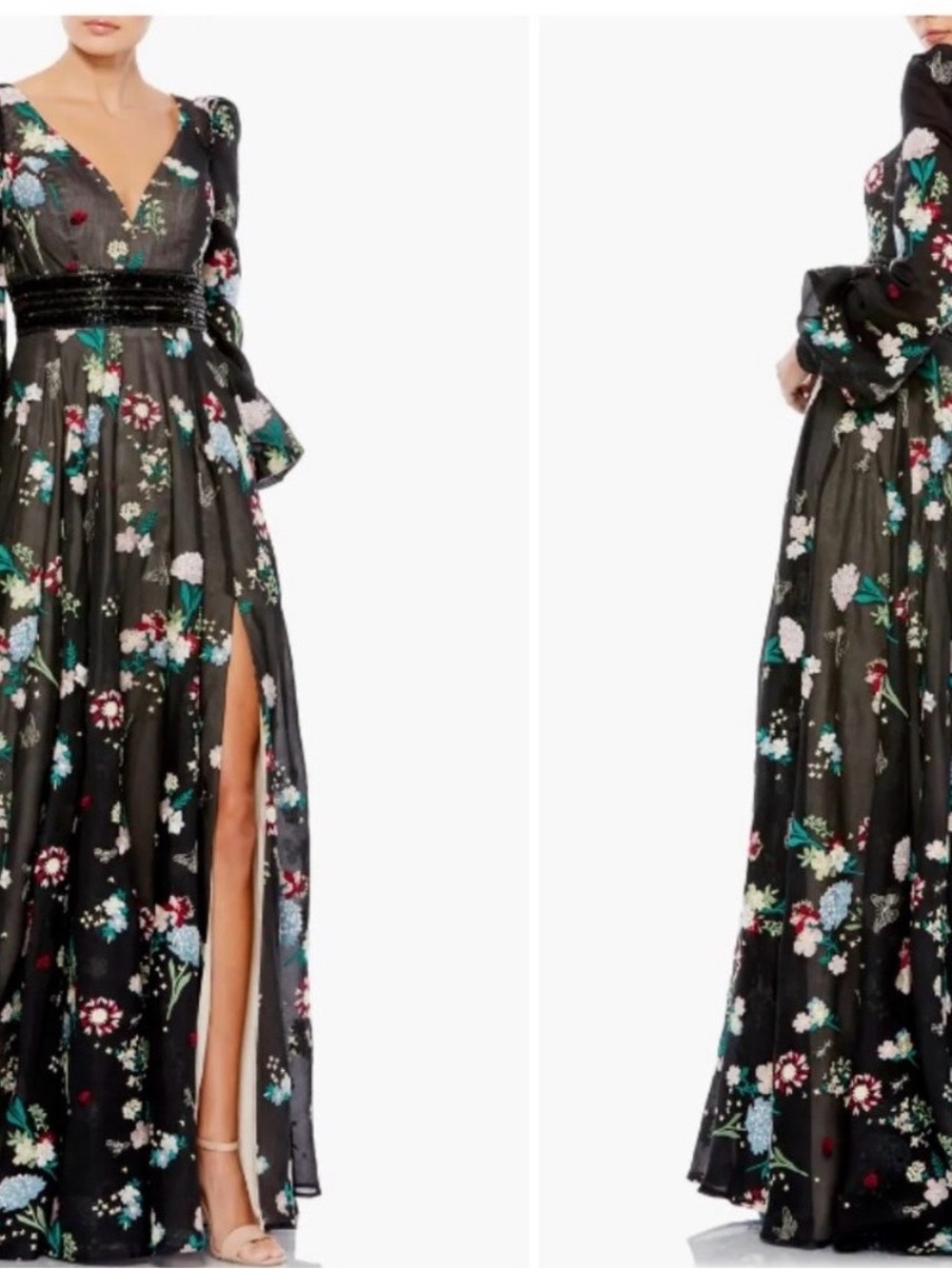 Black Floral V-Neck Maxi Dress with High Slit